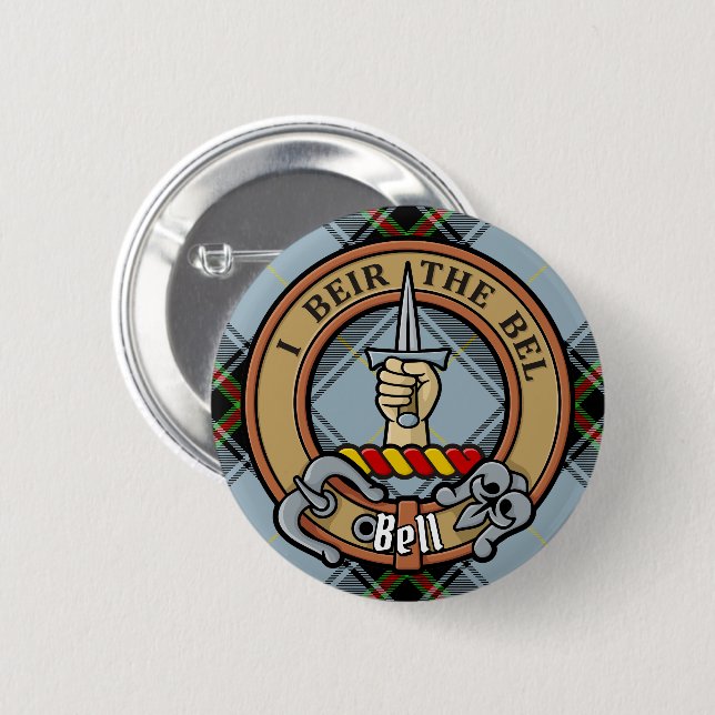 Clan Bell Wappen über Tartan Button (Vorne & Hinten)
