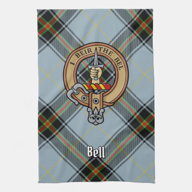 Clan Bell Wappen über Tartan Geschirrtuch (Vertikal)