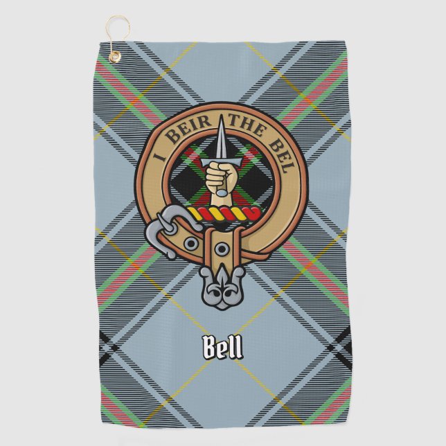 Clan Bell Wappen über Tartan Golfhandtuch (Vorderseite)