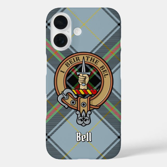 Clan Bell Wappen über Tartan iPhone 16 Hülle (Rückseite)