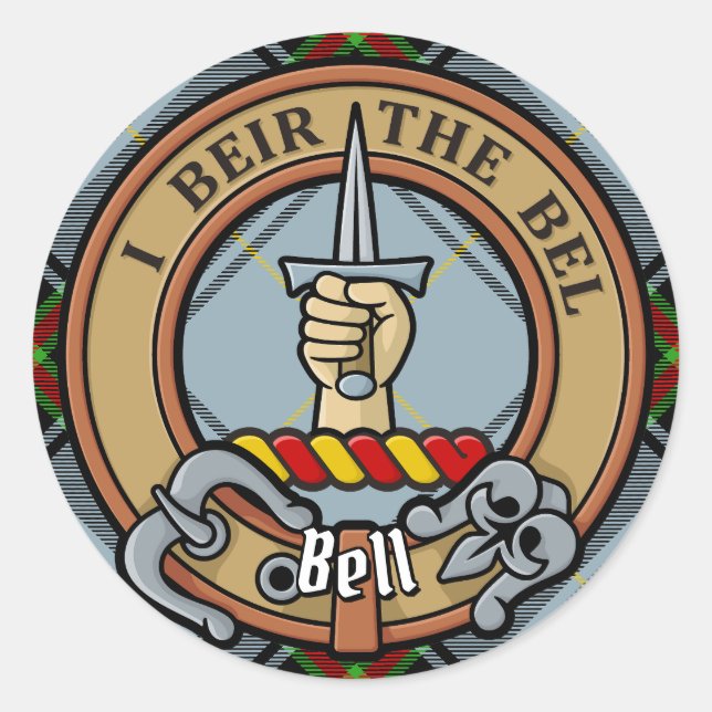 Clan Bell Wappen über Tartan Runder Aufkleber (Vorderseite)