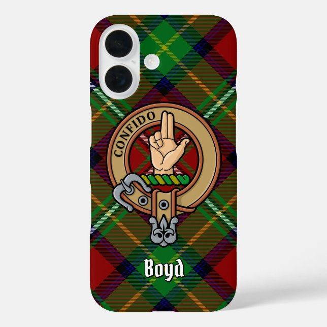 Clan Boyd Wappen über Tartan iPhone 16 Hülle (Rückseite)