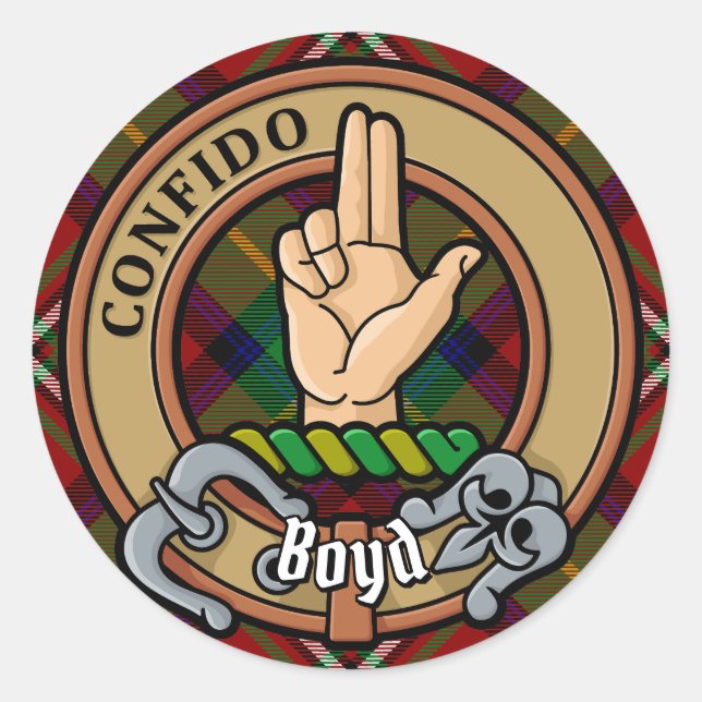 Clan Boyd Wappen über Tartan Runder Aufkleber (Vorderseite)