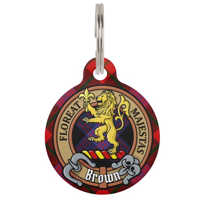 Clan Brown Wappen über Tartan Haustiermarke (Vorderseite)