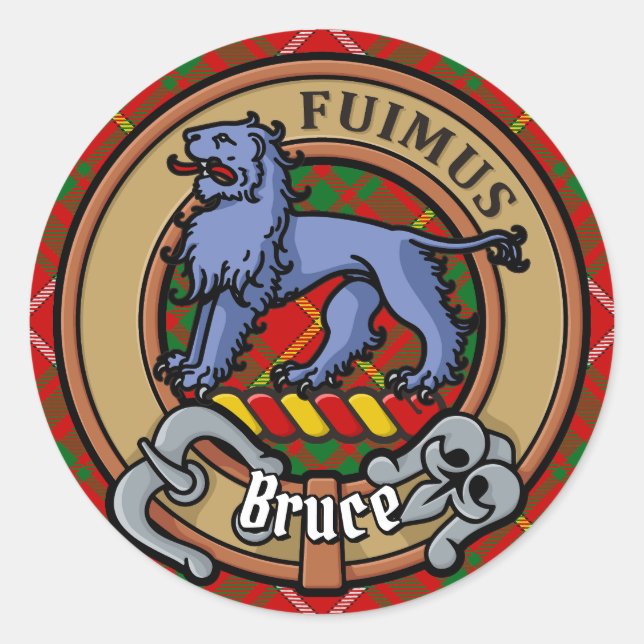 Clan Bruce Wappen über Tartan Runder Aufkleber (Vorderseite)