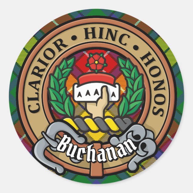 Clan Buchanan Wappen über Tartan Runder Aufkleber (Vorderseite)