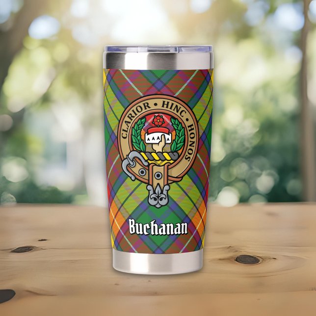 Clan Buchanan Wappen über Tartan Thermobecher (Von Creator hochgeladen)