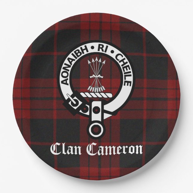 Clan Cameron Wappen Abzeichen und Tartan Pappteller (Vorderseite)