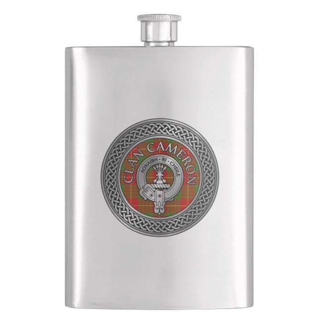 Clan Cameron Wappen & Tartan Knot Flask Flachmann (Vorderseite)