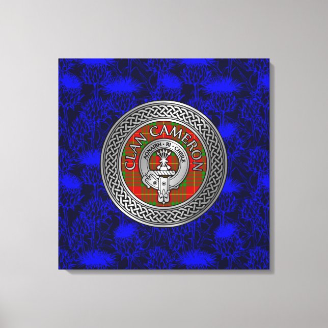Clan Cameron Wappen & Tartan Knot on Thistle Leinwanddruck (Vorderseite)