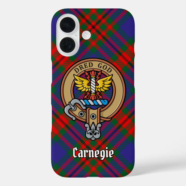 Clan Carnegie Wappen über Tartan iPhone 16 Hülle (Rückseite)