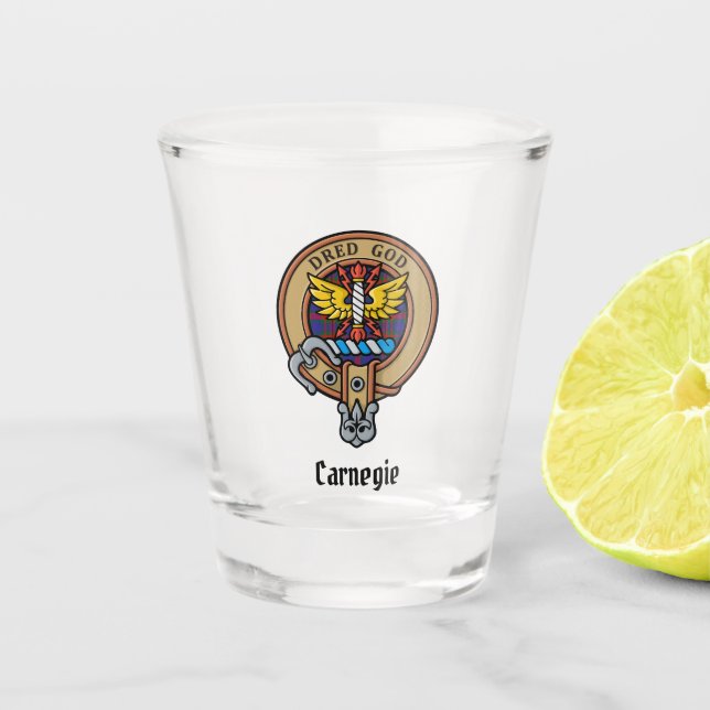 Clan Carnegie Wappen über Tartan Schnapsglas (Vorderseite)