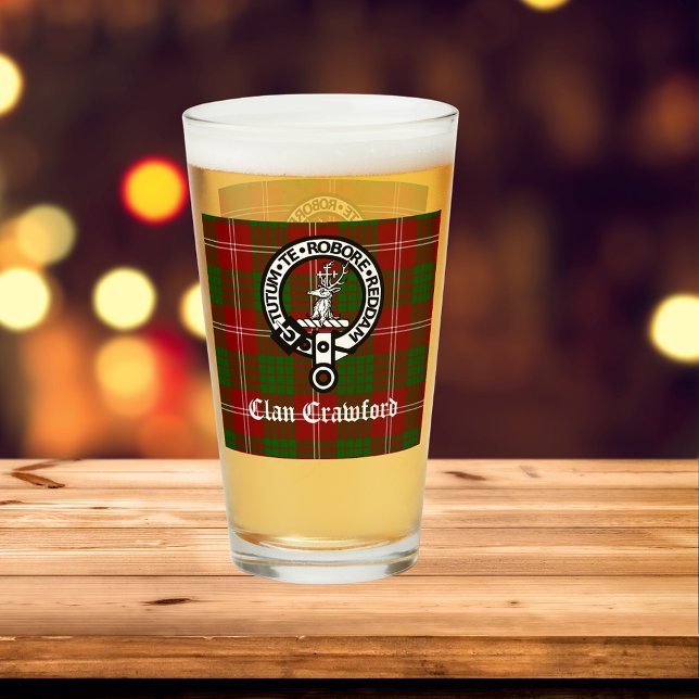 Clan Crawford Wappen Abzeichen und Tartan Glas (Von Creator hochgeladen)