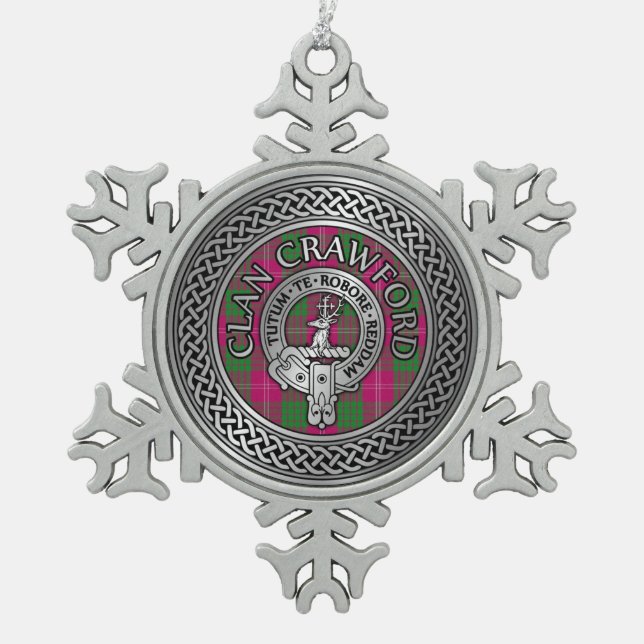 Clan Crawford Wappen & Tartan Knot Schneeflocken Zinn-Ornament (Vorderseite)