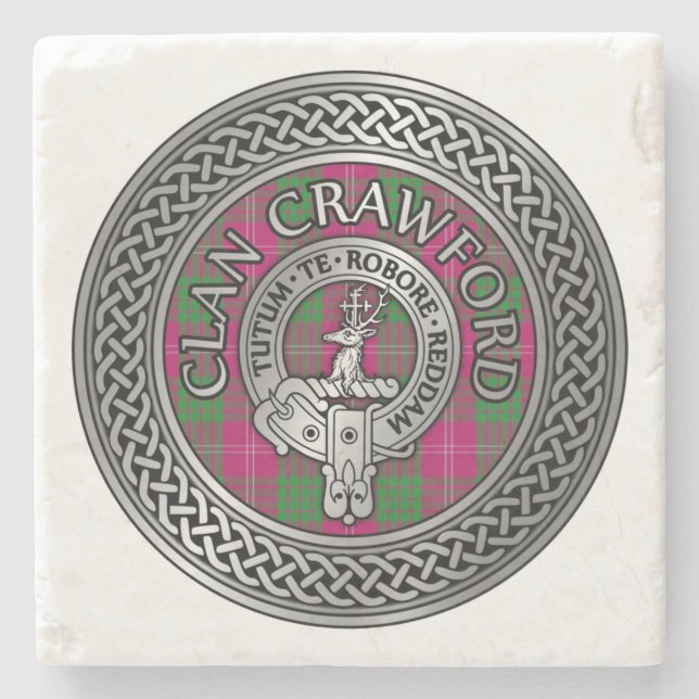Clan Crawford Wappen & Tartan Knot Steinuntersetzer (Vorderseite)