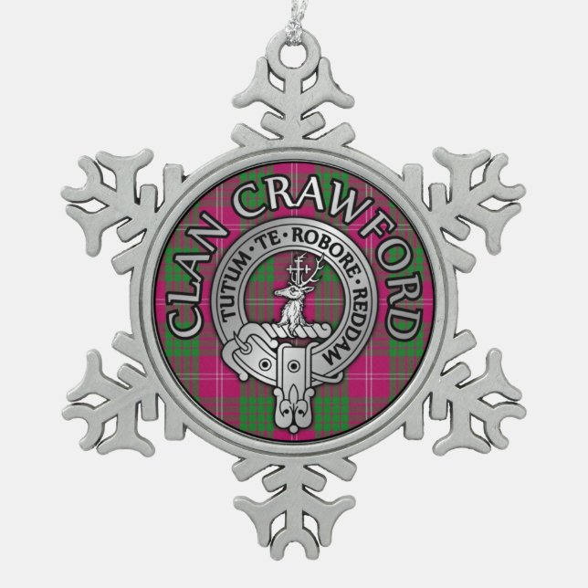 Clan Crawford Wappen & Tartan Schneeflocken Zinn-Ornament (Vorderseite)