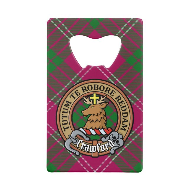 Clan Crawford Wappen über Tartan Geldbeutel Flaschenöffner (Vorderseite)