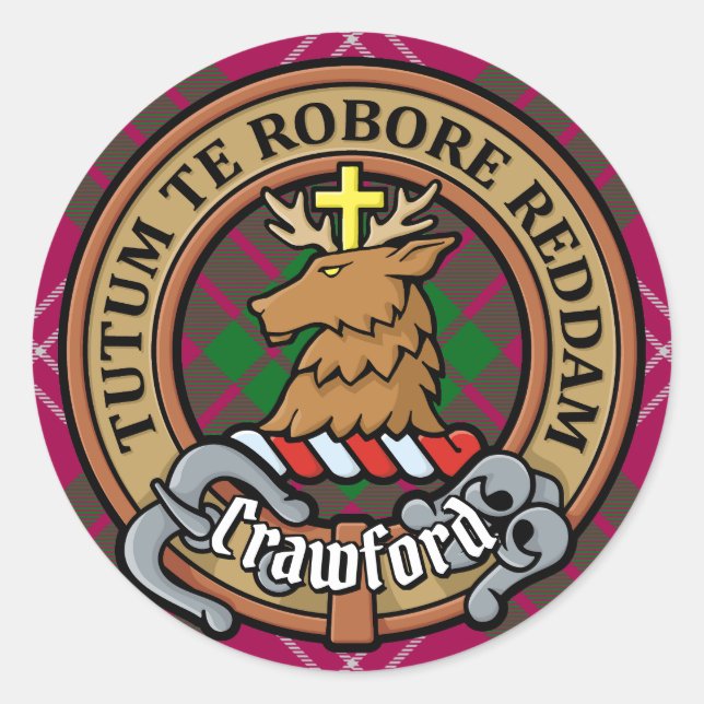Clan Crawford Wappen über Tartan Runder Aufkleber (Vorderseite)