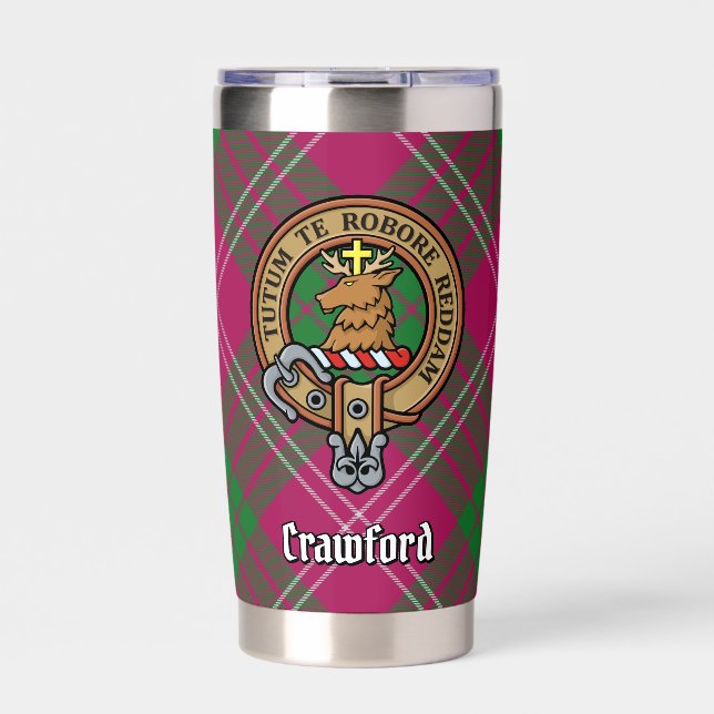 Clan Crawford Wappen über Tartan Thermobecher (Vorderseite)