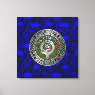 Clan Cumming Wappen & Tartan Knot on Thistle Leinwanddruck