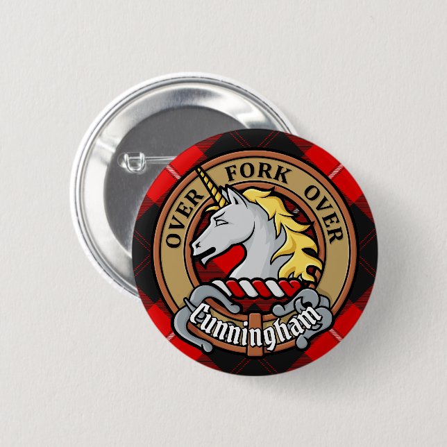 Clan Cunningham Wappen über Tartan Button (Vorne & Hinten)