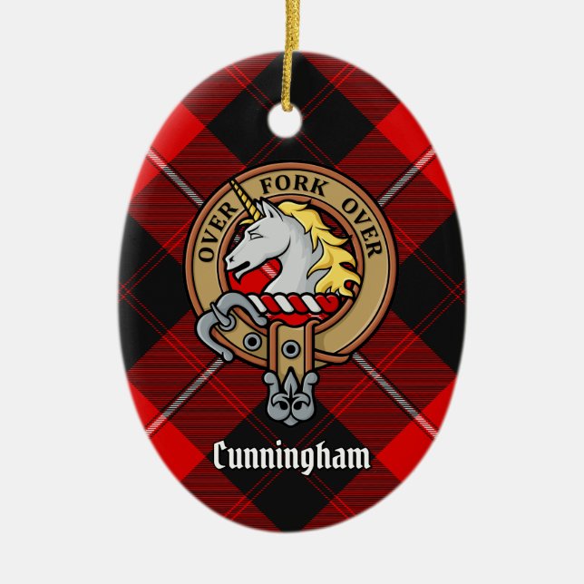 Clan Cunningham Wappen über Tartan Keramik Ornament (Vorne)