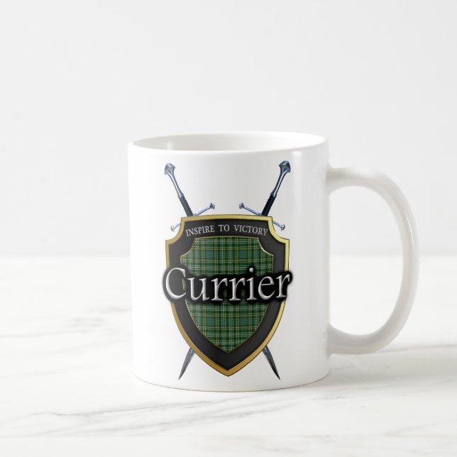 Clan Currie Currier Tartan Shield & Schwerter Kaffeetasse (Rechts)