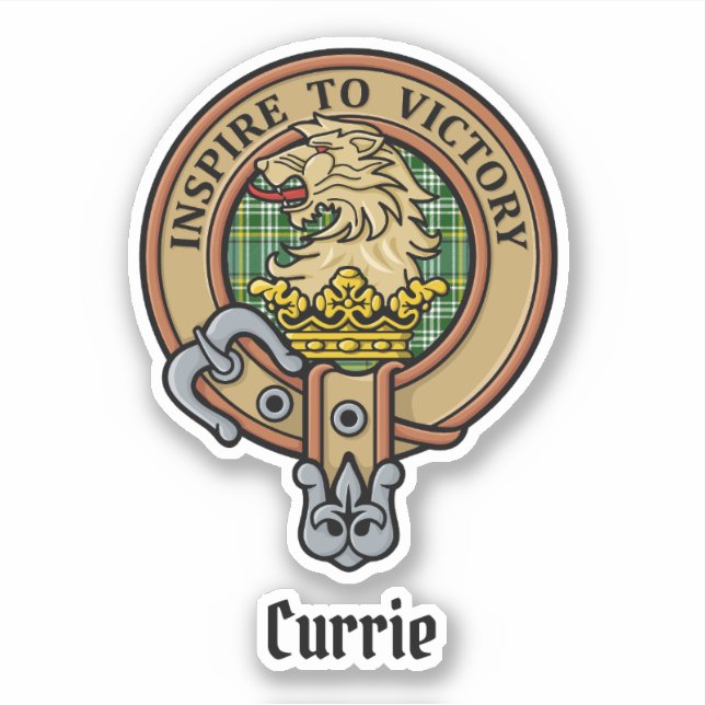 Clan Currie Lion Wappen über Tartan Aufkleber (Vorderseite)
