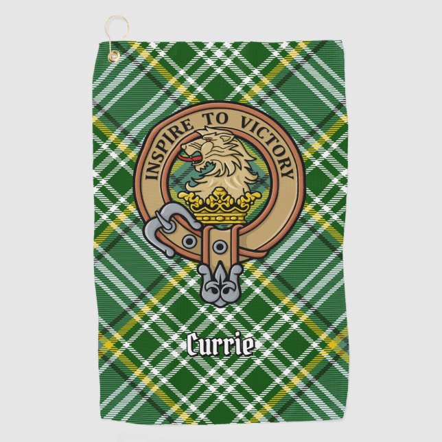 Clan Currie Lion Wappen über Tartan Golfhandtuch (Vorderseite)