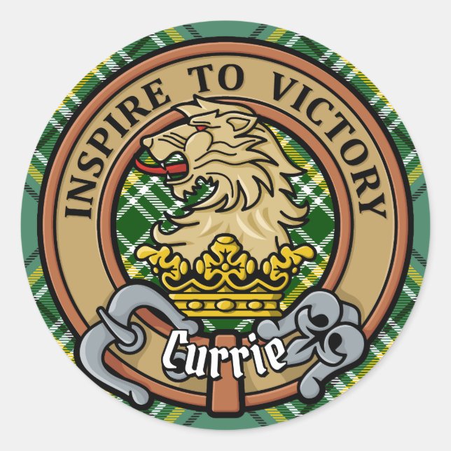 Clan Currie Lion Wappen über Tartan Runder Aufkleber (Vorderseite)