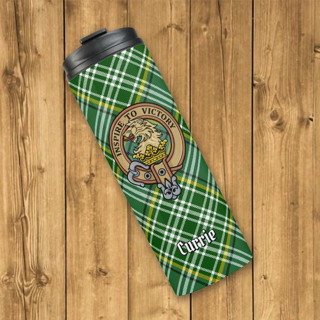 Clan Currie Lion Wappen über Tartan Thermosbecher (Von Creator hochgeladen)