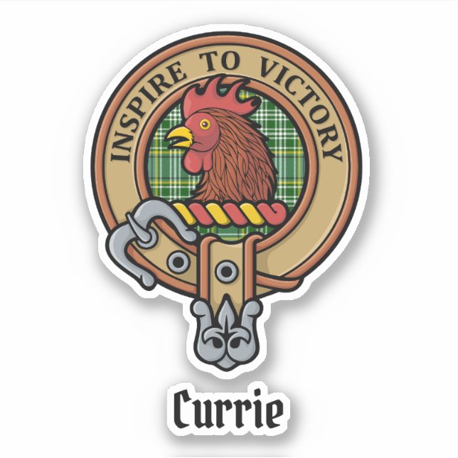 Clan Currie Rooster Wappen über Tartan Aufkleber (Vorderseite)