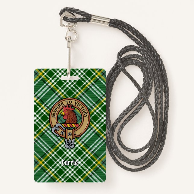 Clan Currie Rooster Wappen über Tartan Ausweis (Vorderseite mit Schlüsselband)