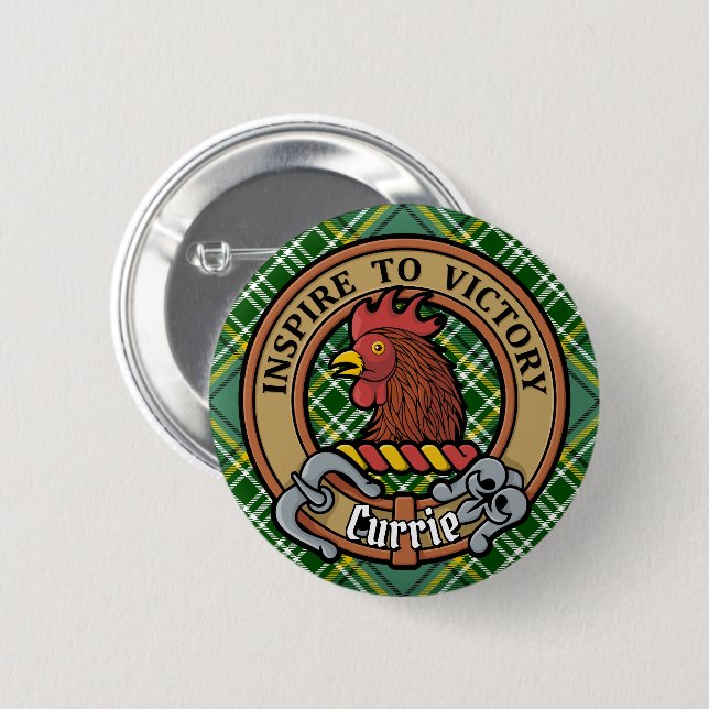 Clan Currie Rooster Wappen über Tartan Button (Vorne & Hinten)