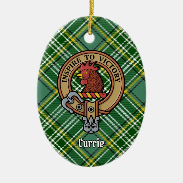 Clan Currie Rooster Wappen über Tartan Keramik Ornament (Vorne)