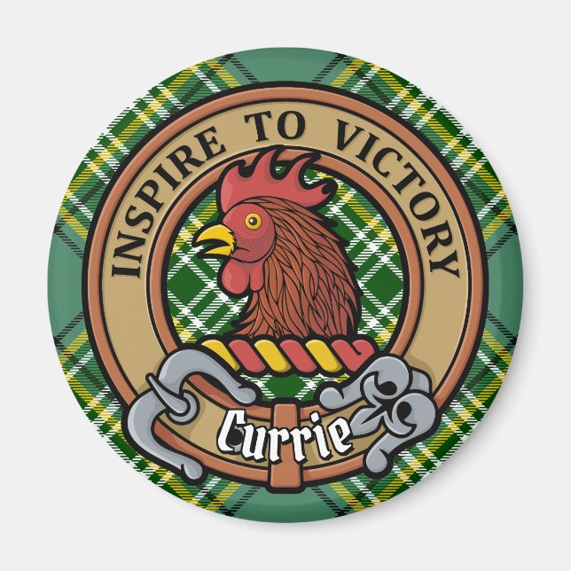 Clan Currie Rooster Wappen über Tartan Magnet (Vorne)