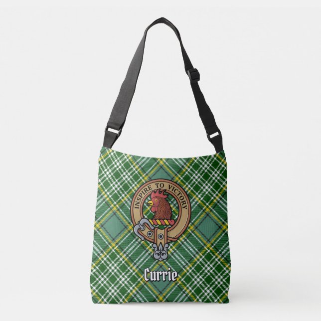 Clan Currie Rooster Wappen über Tartan Tragetaschen Mit Langen Trägern (Vorderseite)