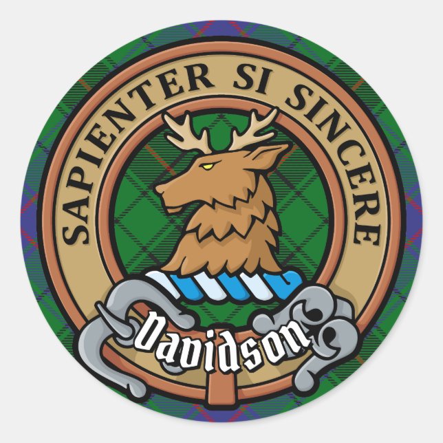 Clan Davidson Wappen über Tartan Runder Aufkleber (Vorderseite)