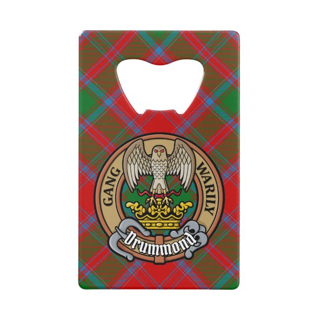 Clan Drummond Wappen über Tartan Geldbeutel Flaschenöffner (Vorderseite)