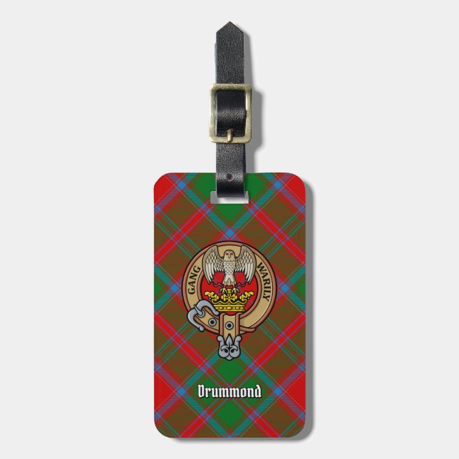 Clan Drummond Wappen über Tartan Gepäckanhänger (Vorderseite vertikal)