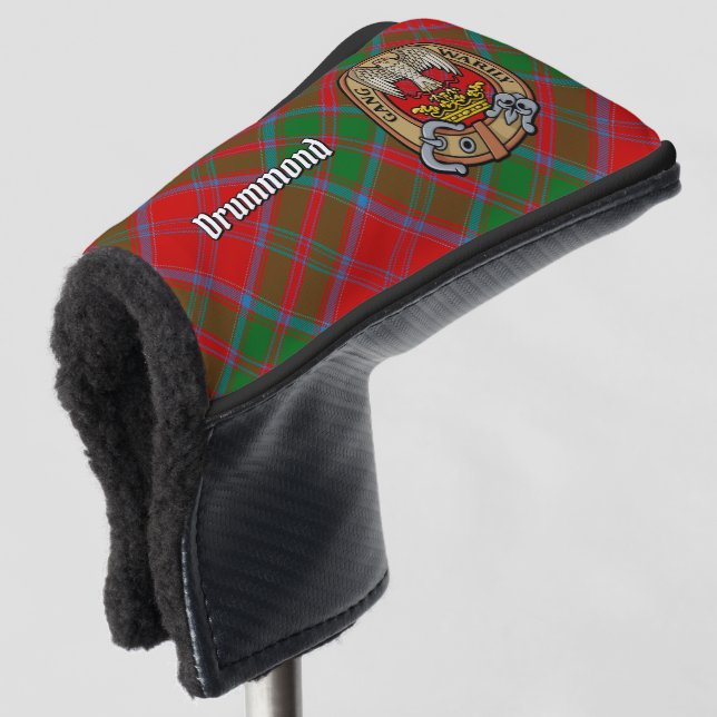Clan Drummond Wappen über Tartan Golf Headcover (3/4 Vorderseite)
