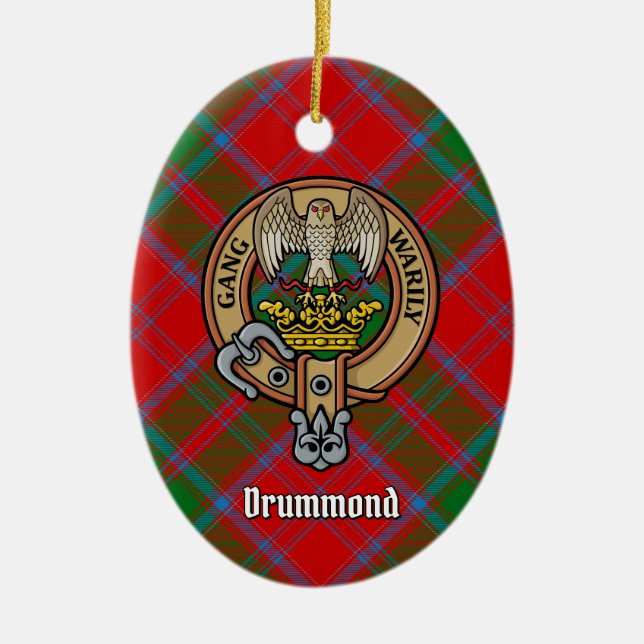 Clan Drummond Wappen über Tartan Keramik Ornament (Vorne)