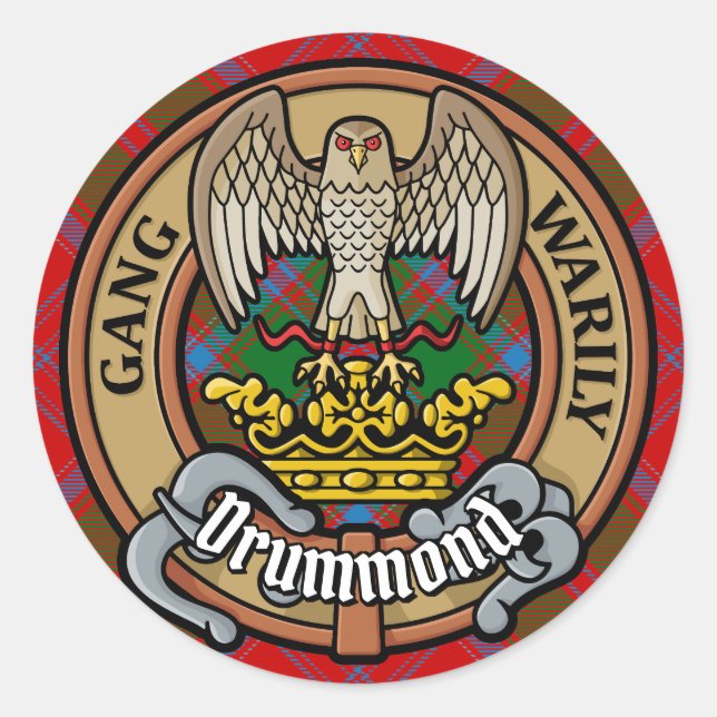 Clan Drummond Wappen über Tartan Runder Aufkleber (Vorderseite)