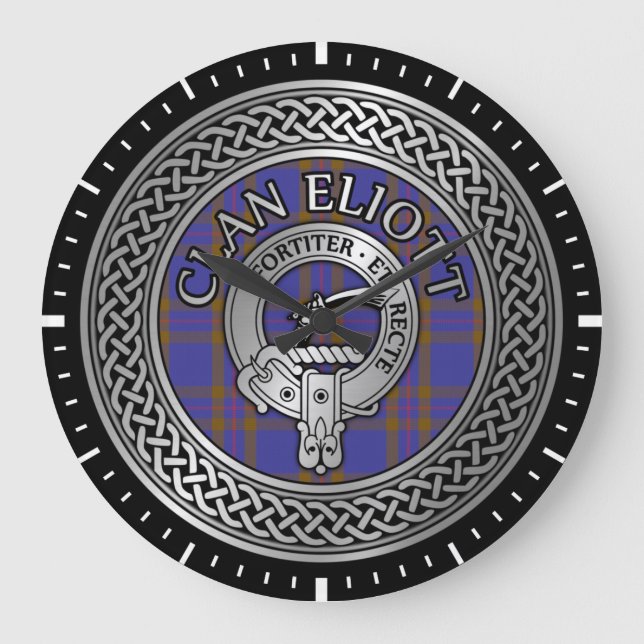Clan Eliott Crest & Tartan Knot Große Wanduhr (Vorderseite)