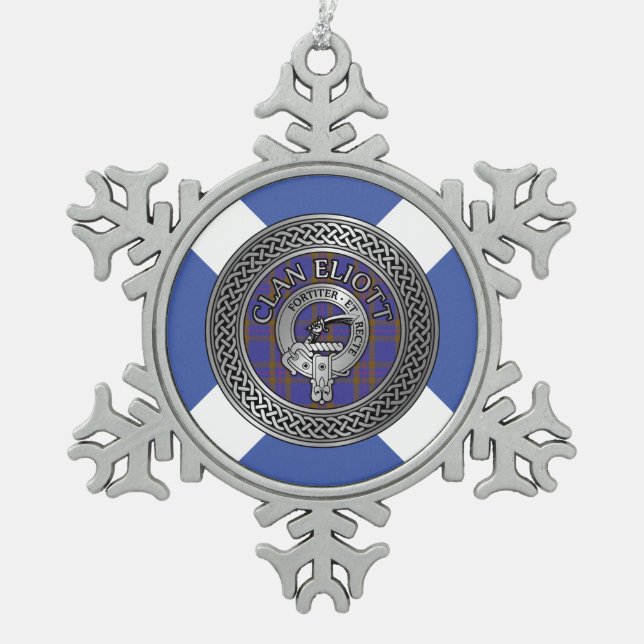 Clan Eliott Wappen & Tartan Knot Schneeflocken Zinn-Ornament (Vorderseite)