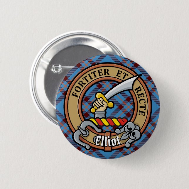 Clan Elliot Wappen über antikes Tartan Button (Vorne & Hinten)