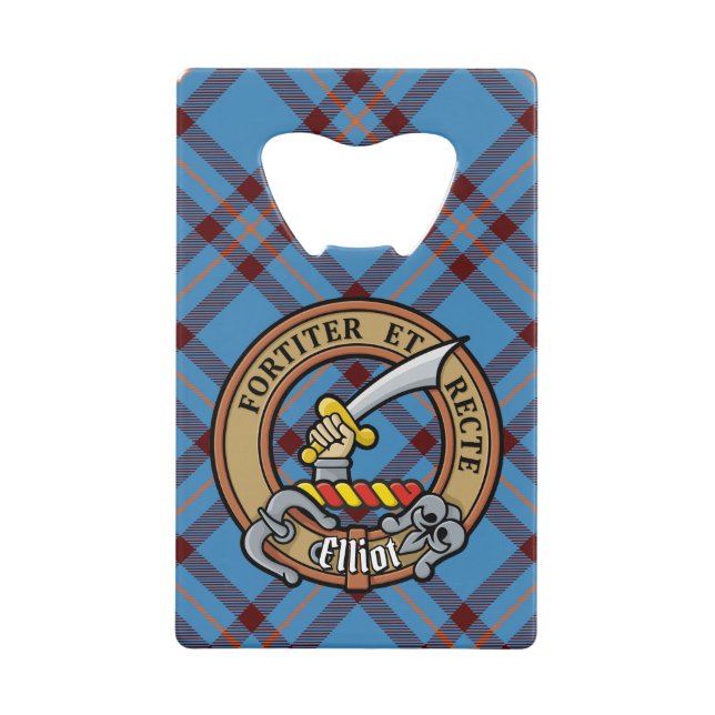Clan Elliot Wappen über antikes Tartan Geldbeutel Flaschenöffner (Vorderseite)