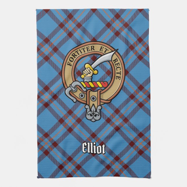 Clan Elliot Wappen über antikes Tartan Geschirrtuch (Vertikal)