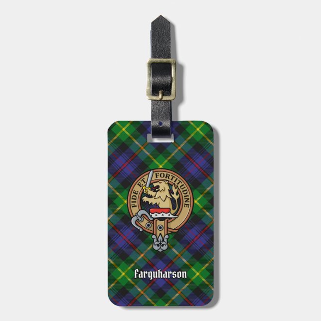 Clan Farquharson Wappen über Tartan Gepäckanhänger (Vorderseite vertikal)