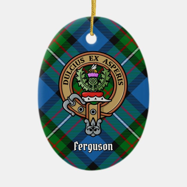 Clan Ferguson Wappen über Tartan Keramik Ornament (Vorne)